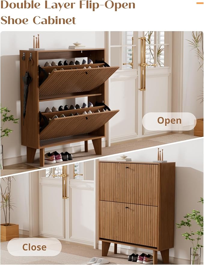31.5" Shoe Cabinet Storage for Entryway with 2 Flip Drawers, Wood Fluted Narrow Shoe Cabinet for Hallway, Walnut
