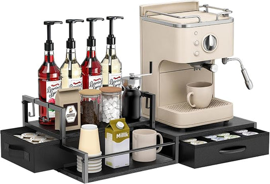 Coffee Syrup Organizer for Countertop, 2-Tier Coffee Bar Organizer with K Cup Storage Drawer, Syrup Rack Station for Accessories,Table Holder Stand for Wine,Tea,Condiment (Large, Classic Black)