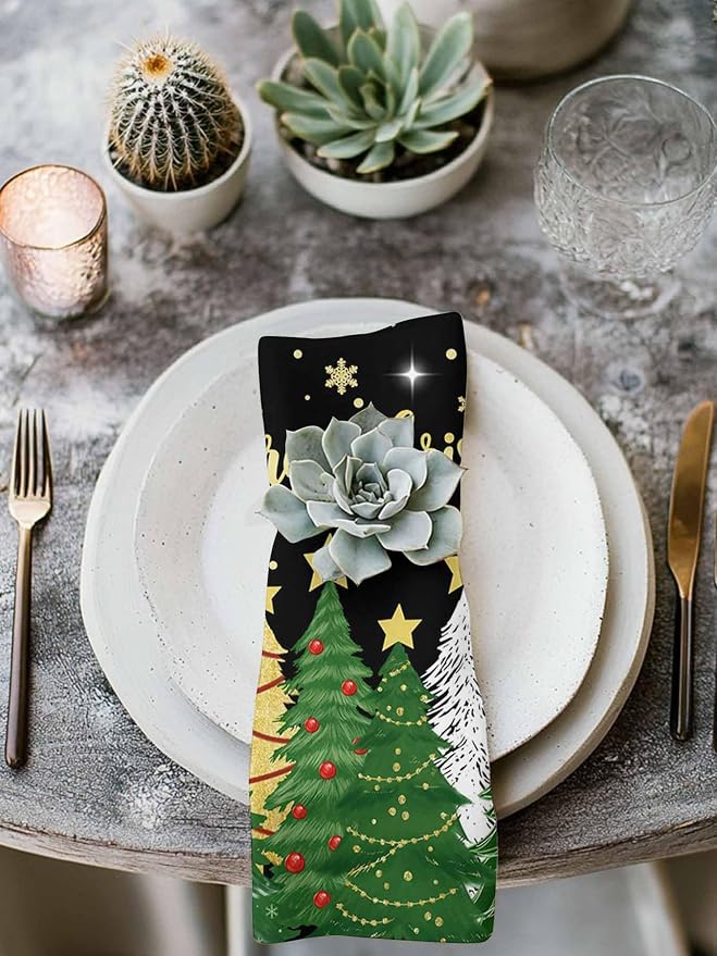 Christmas Tree Black Cloth Napkins Set of 6 - Forest Pine Washable Dinner Napkins Snowflakes Xmas Stars Sparkle Table Reusable Napkin for Home Party Wedding Dining Table Decoration, Oversized 20"x20"