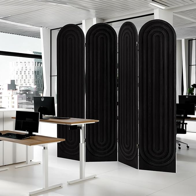 Room Divider and Folding Privacy Screen 4 Panel Wood Arched Room Divider Wall, Separators Divider for Room Separation, Folding Portable Partition Screen for Home Office Bedroom (Black)