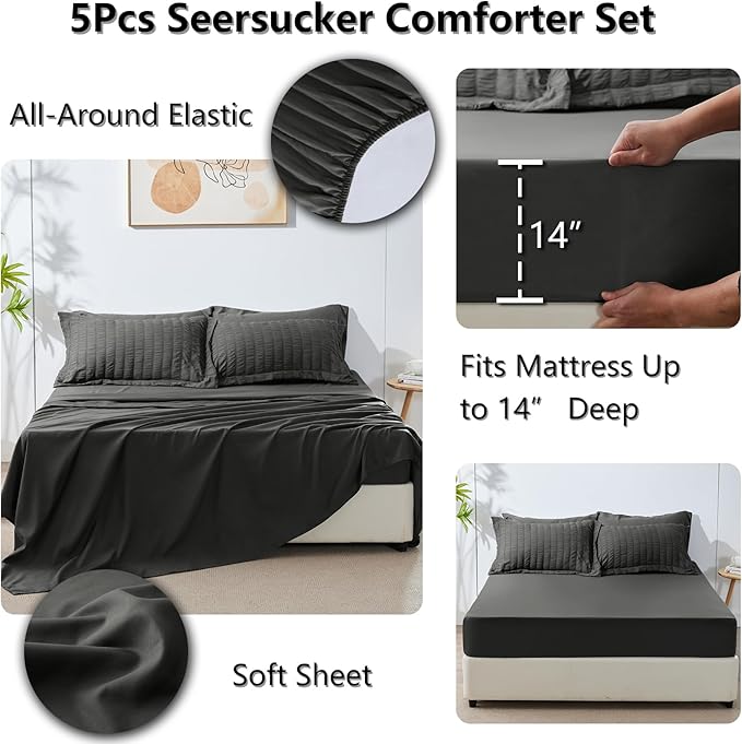 CozyLux Twin Comforter Set with Sheets 5 Pieces, Dark Grey Seersucker Textured Bed in a Bag, Dark Gray Luxury Soft Bedding Sets with Down Alternative Comforter, Sheets, Pillowcase & Sham All Seasons