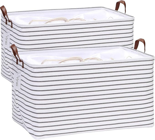 Hinwo 2-Pack Extra Large Canvas Fabric Storage Baskets with Handles, 70L Oversized Storage Bins, Collapsible Storage Box, Clothes, Toys, Blankets Organizers, 22 x 15 x 13 inches, (Grey Stripe)