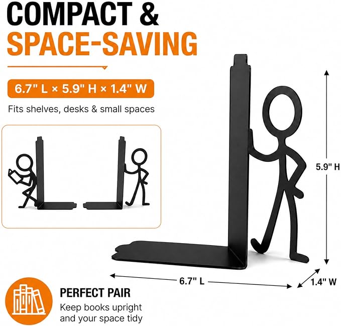 Metal Bookends for Bookshelf, Desk, Home & Office, Decorative Stick Figure Book Holder, Space-Saving, Sturdy, Non-Slip Pads, Supports More Books, Lightweight 6.7"x5.9"x1.4"