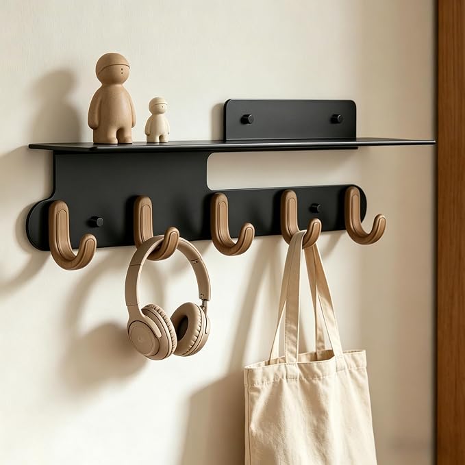 Coat Rack Wall Mount with Shelf for Entryway, Wall Hooks with 5 Hooks Entryway Hanging Shelf with Storage for Entryway, Bathroom, Bedroom, Mudroom, Modern Floating Wall Shelves with Hooks (Black)