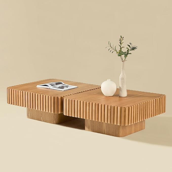 31.5" Square Coffee Table 2 Piece, Wooden Center Tea Table Accent End Table Set of 2 for Living Room Apartment, with Sturdy Curved Base & Solid Wood Fluted Side, Oak