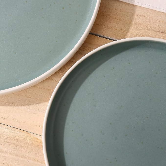 MONITO Ceramic Dinnerware Sets for 4, 12PCS Stoneware Plates and Bowls Sets, Reactive Glaze Dish Set, Chip and Scratch Resistant Double, Microwave and Dishwasher Safe, White Cyan