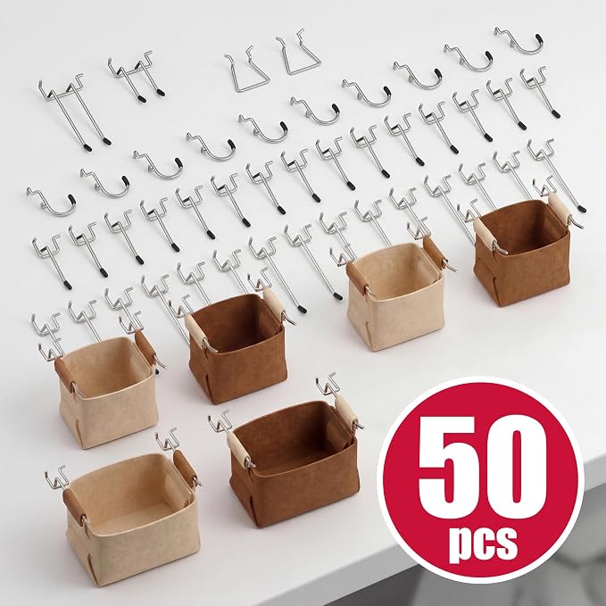 Spampur Peg Board, 4 Pack Metal Pegboard Wall Organizer with Accessories | Black Pegboard Panels with 50 Pcs Hooks and Baskets, Wall Organizer for Office, Craft Room Organization, Garage, Sewing Room
