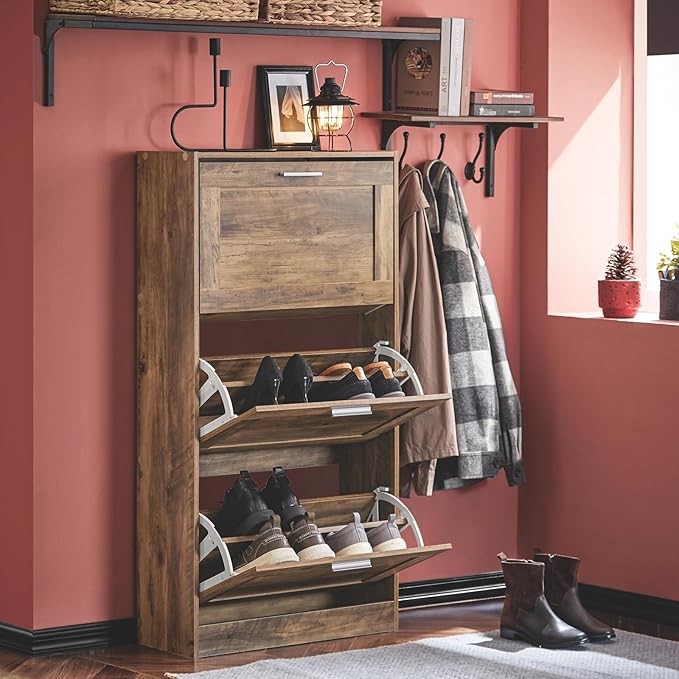Haotian Shoe Cabinet Storage for Entryway, Narrow Shoe Cabinet with Three Flip Drawers to Save Space, Shoe Rack Cabinet for Front Door Entrance Hallway (Brown)