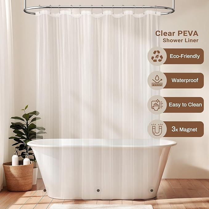 BTTN 3 in 1 Shower Curtain with Liner, 78 Inch Long Boho Linen Striped Cloth Shower Curtain Set with Hook, Farmhouse Bohemian Country Waterproof Fabric Shower Curtain for Bathroom, Tan/Taupe, 72x78