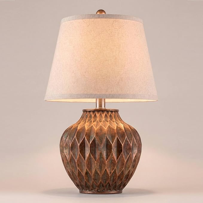 360 Lighting Buckhead Modern Accent Table Lamp 22" High Warm Bronze Brown Sculptural Geometric Textured Urn Tapered Fabric Drum Shade Bedroom Living Room House Home Bedside Nightstand Office