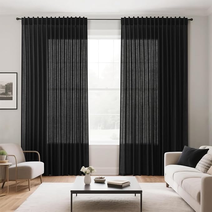 Nanspring Black 102 Inch Linen Curtains for Living Room Back Tab Rod Pocket Privacy Semi Sheer Light Filtering Curtains Simple Modern Soft Material Panel Drapes for Bedroom,2 Panels, 60x102