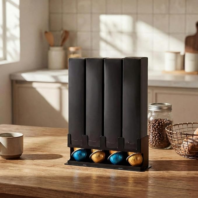 1 Pack Pod Holder Countertop Compatible with Nespresso Vertuo Capsules 4 Box Coffee Pod Holder with Non Slip Steel Base Holds 40 Capsules Dispenses 4 Flavors