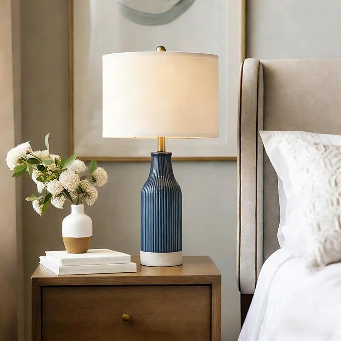 USumkky 23.75inch Blue Modern Ceramic Bedside Lamp Set of 2 with 5FT Cord for Bedroom Decor Farmhouse Table Lamp for Living Room Office Dorm