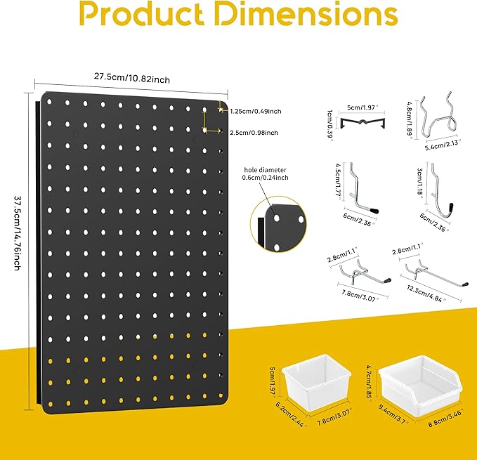 Peg Board for Tools, 6 Pack Metal Pegboard Wall Organizer with Hooks,16"×12" Black Pegboard Panels for Walls Home, Garage Tool Storage, Kitchen, Office Organization, Craft Room