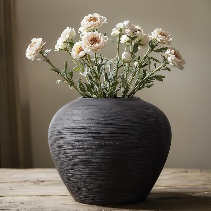 Rustic Ceramic Vase, 7" Black Farmhouse Tall Vase, Vintage Vases, Modern Terracotta Decor Vases for Home Decor, Living Room, Entryway, Table Centerpieces, Shelf, Kitchen, Housewarming Gifts