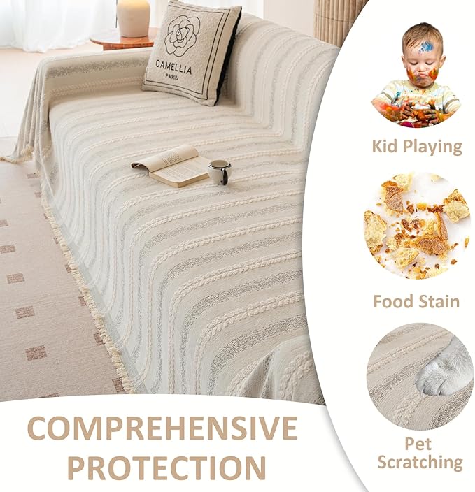 VClife Chenille Sofa Cover Bohemian Striped Pattern Couch Cover for 3 Cushion Sofa - Cream and Gray Textured Sofa Slipcover Washable Furniture Protector for Couch Decorative Couch Cushion Cover