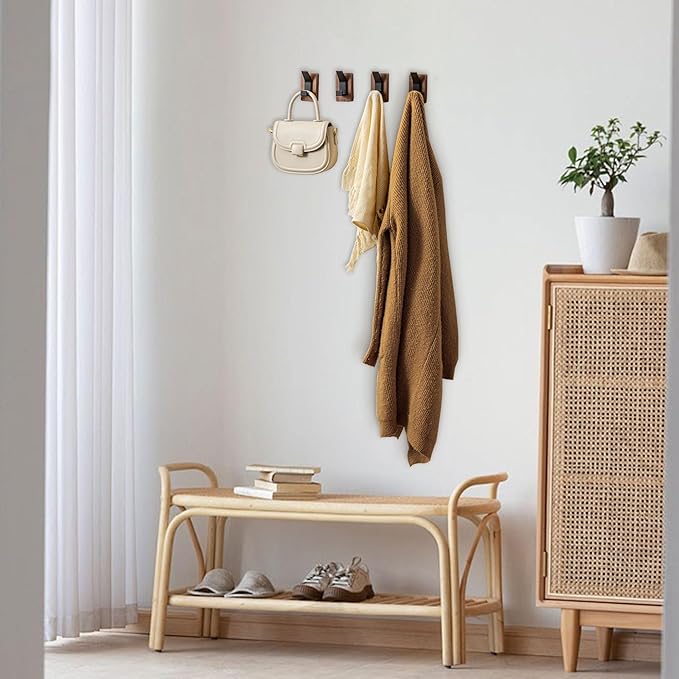 4-Pack Wood Wall Hooks - Wall Mounted or Adhesive Coat Rack for Entryway, Mudroom, Bathroom - Farmhouse Decorative Hangers for Towels, Hats, Keys, Purses, Bags, and Robes