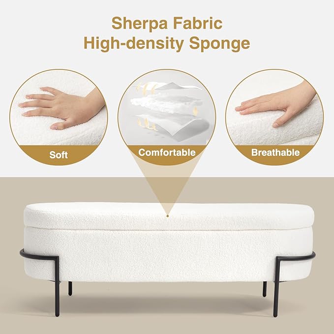 FiveWillowise Sherpa Storage Ottoman Bench for Bedroom, White End of Bed Bench with Storage, Upholstered Boucle Storage Bench with Metal Stand and Hinges, Oval Ottoman for Living Room, 45 Inch