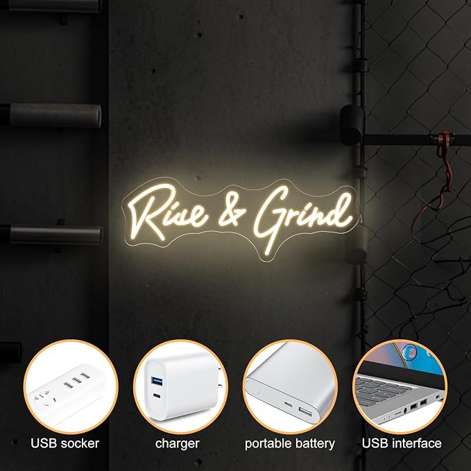 Rise and Grind Neon Sign, Motivational LED Neon Sign for Wall Decor, Dimmable USB Light Up Sign for Bedroom Office Gym Sports Room Man Cave, Pirational Neon Wall Art Gift for Men Coworkers, 17.7x6.3"