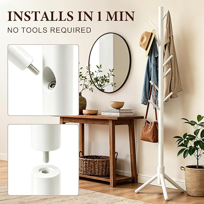 2 PC Wooden Coat Rack Freestanding with 8 Hooks & 3 Adjustable Sizes for Clothes, Space-Saving Design for Bedroom Office Entrance Holds Hats Coats Scarves Bags