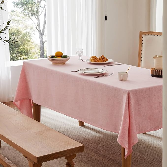 Linen Tablecloth for Rectangle Table, 60x84 Inch Pink, Farmhouse Style Pink Tablecloth, Water Resistant Burlap Tablecloths for Dining Table Farmhouse Kitchen