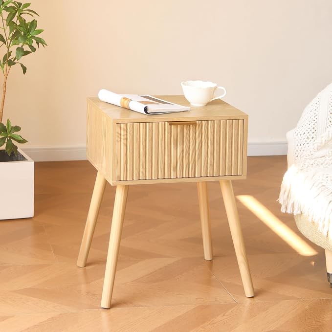 AWASEN Fluted Nightstand, Small End Tables Living Room, Wood Bedside Side Table with Storage Drawer for Bedroom and Small Space, Natural