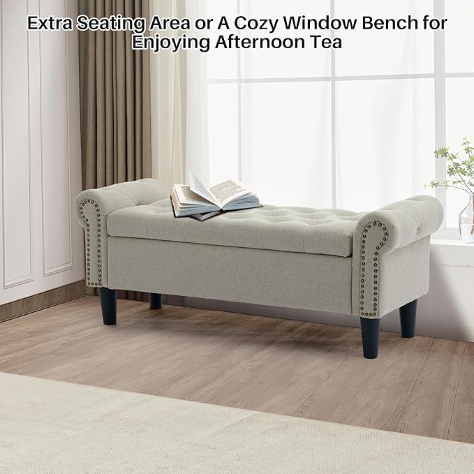 SOFTHION Storage Bench, 50" Queen End of Bed Bench, Linen Tufted Button Upholstered Bedroom Bench, Storage Ottoman with Rolled Arms, Window Bench with Storage, for Living Room, Entryway Light Brown