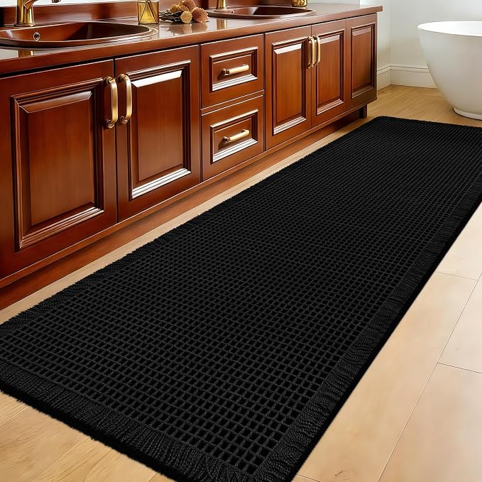 Accumtek Extra Large Waffle Bath Mat, 6'x2' Black, Super Absorbent Non-Slip Quick Dry Bathroom Rugs with Tassels, Machine Washable Ultra Soft Boho Bath Rugs for Floor, Toilet Mats Boho Farmhouse Decor