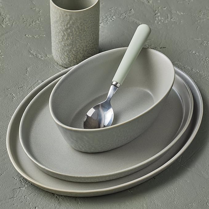Stone Lain by Mercer Oval Stoneware 16-Piece Dinnerware Set, Light Grey