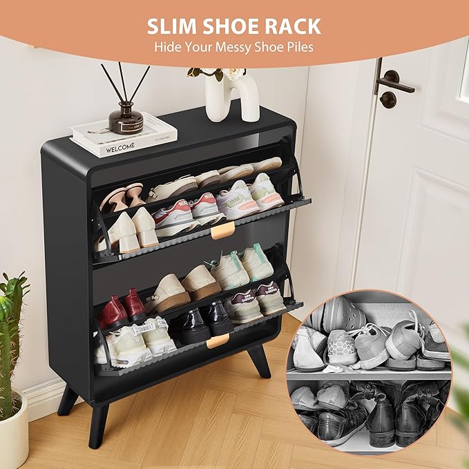RARZOE Fluted Shoe Storage Cabinet with 2 Flip Drawers, Narrow Curved Shoe Cabinet for Entryway, Freestanding Wood Hidden Shoe Organizer Closed Shoe Rack Cabinet for Foyer, Hallway (27.5''Black)