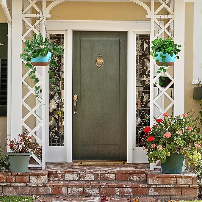 Set of 2 Hanging Planters for Indoor Outdoor Plants, 8 Inch Self-Watering Hanging Flower Pots with Drainage Hole & Removable Water-Storage Tray (Hooks)