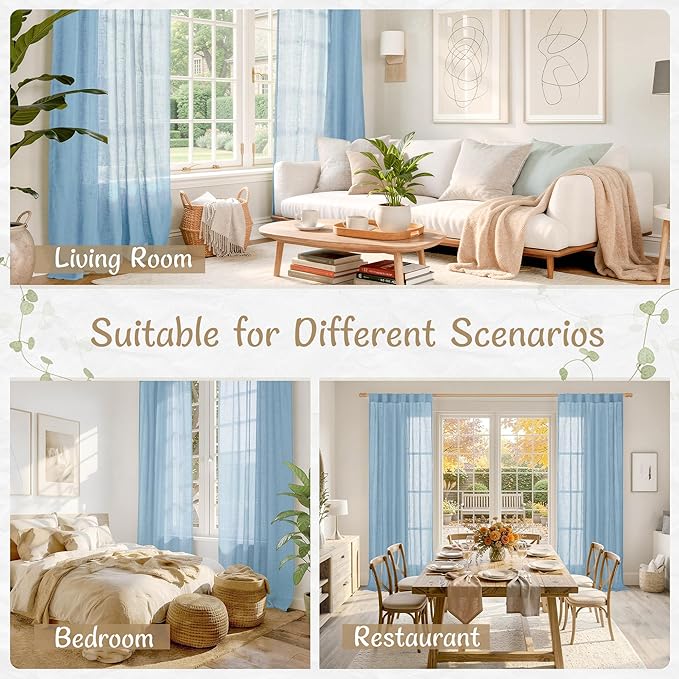 LAMIT Linen Curtains for Living Room 90 inch Length 2 Panels, Light Filtering Semi Sheer Panels Back Tab and Rod Pocket Farmhouse Drapes for Bedroom/Sliding Glass Door, Blue, 52 x 90 Inch
