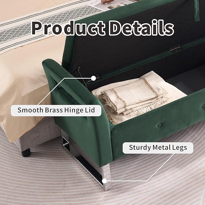 Chifee & Vingol Storage Bench with Armrests, 67.91 Inch Velvet End of Bed Bench Upholstered Storage Ottoman for Bedroom, Livingroom, Entryway - Green