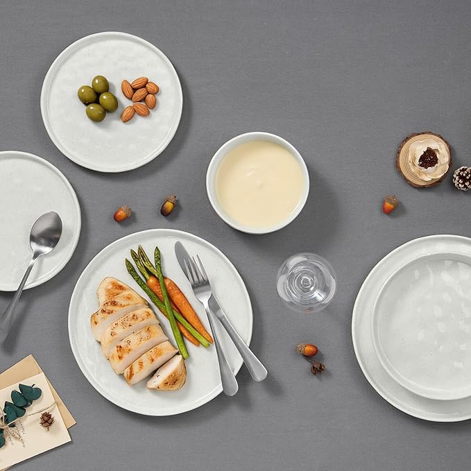 E-far 24-Piece Plates and Bowls Sets with Pasta Bowls - Stoneware Dinnerware Set for 6, Modern Ribbed Speckled White Dishes, Microwave & Dishwasher Safe