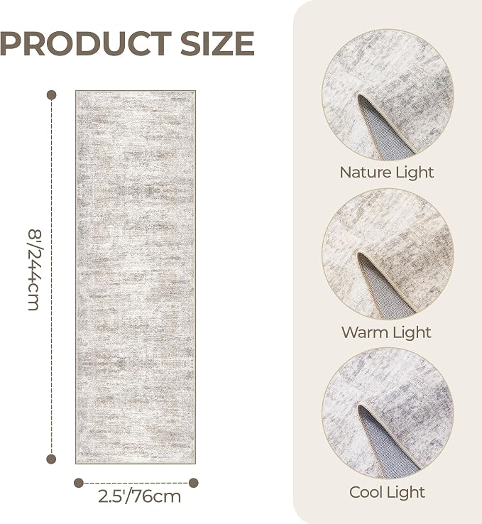 Kitchen Runner Rug Non Slip - 2.5 x 8 Runners for Hallways, Entryway, Bedroom, Washable Runner Rugs for Bathroom, Laundry Room, Low Pile Soft Vintage Area Rug(2.5'x8', Brown/Grey/Ivory)