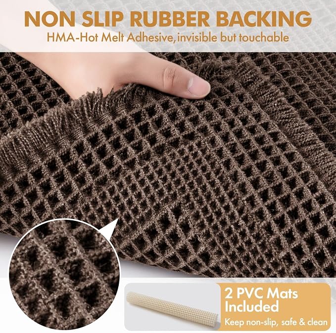 MIULEE Set of 2 Waffle Bathroom Rugs, Boho Bath Rug Super Absorbent, Non Slip Washable Ultra Soft Rubber Backed Shower Bath Mats for Floor, Tub, Shower, Looped Design, Chocolate, 18x30 Inch