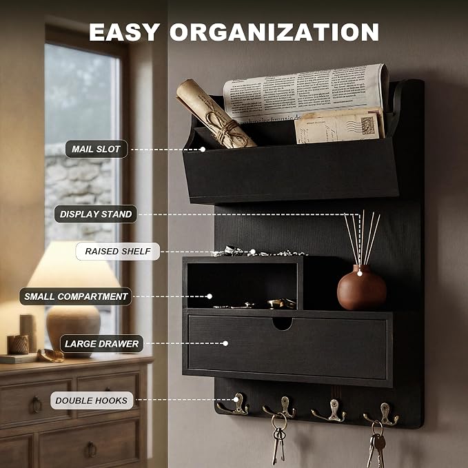 Rebee Vision Pine Wood Key Holder Wall Mount for New Home Essentials – Farmhouse Key Holder for Wall with Drawer Organizer, Mail Organizer & 4 Hooks – Modern Apartment Home Decor(Black)