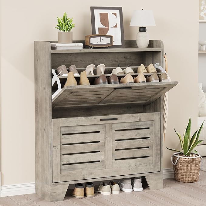Garvee Shoe Storage Cabinet with 2 Flip Drawers, Freestanding Shoe Organizer Storage for Entryway with 2 Side Hooks, Farmhouse Hidden Slim Narrow Shoe Rack Cabinet, Gray