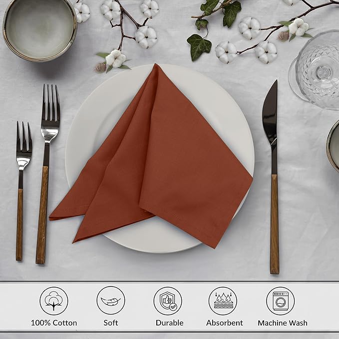 Ruvanti Cloth Napkins Set of 12, 18x18 Inches, Napkin Cloth Washable, Soft & ‎Absorbent 100% Cotton Napkins, Perfect for Wedding, Christmas, ‎Thanksgiving, and Dinner - Rust