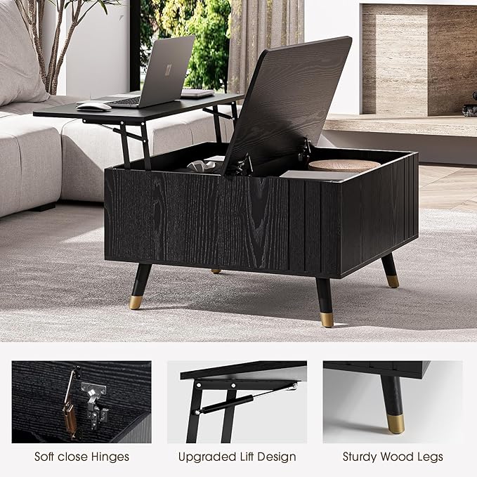 Square Coffee Table with Lift-Top & Flip-Top Storage, 36" Lift Tabletop Dining Center Table with Solid Wood Legs, Functional Modern Black Coffee Tables for Living Room Small Space or Office