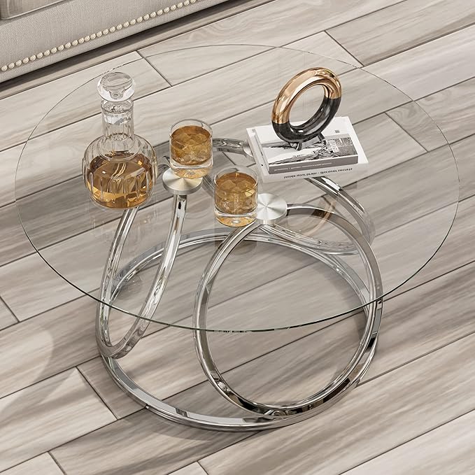 O&K FURNITURE Silver Coffee Table, Modern Glass Coffee Table Living Room Table with Ring-Shaped Frames, Glass Coffee Table for Home&Office, Chrome Finish, 1 PC | Modern, Living Room Table, Glass Coffee Table, Home&Office, 1 PC