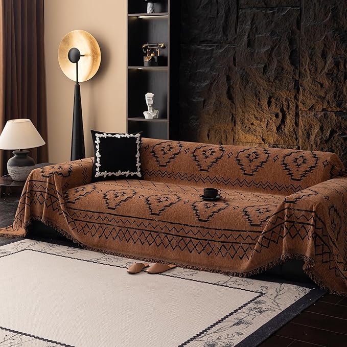 VClife Bohemian Sofa Covers Chenille Couch Cover for Sectional Couch, Soft Non Slip Couch Covers for 3 Cushion Sofa Breathable Sofa Furniture Protector Slip Cover for Couch, Pumpkin, 71"X150"
