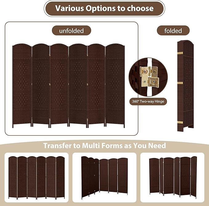 Duraspace 6 Panels Room Divider 6 FT Tall Weave Fiber Freestanding Double Hinged Extra Wide Folding Screen for Patio Privacy (Brown)