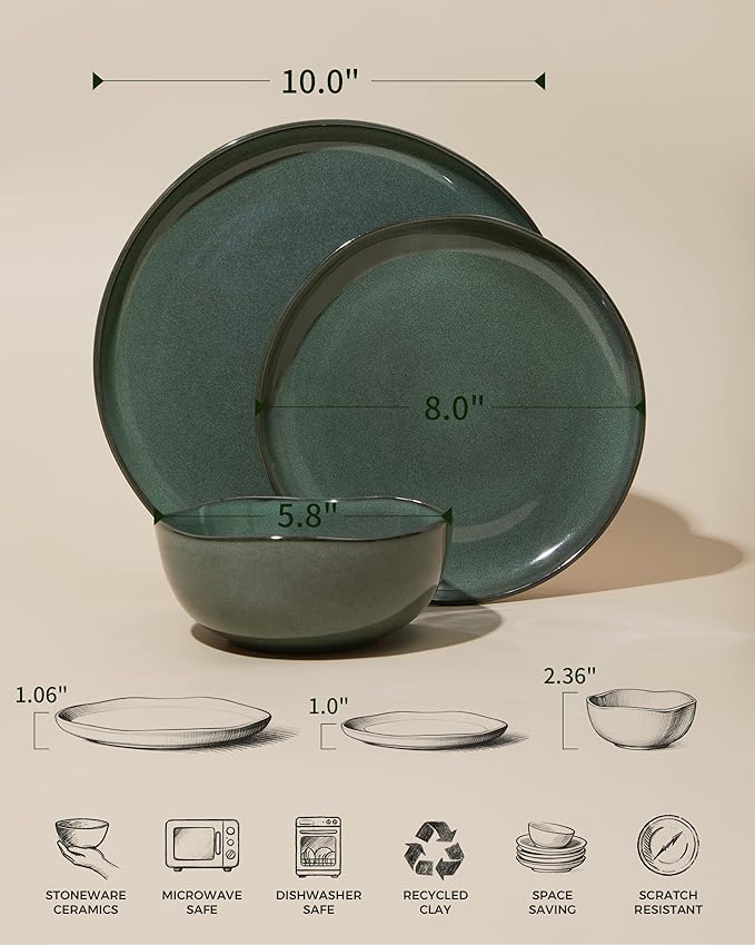 Pokini Large Holiday Dinnerware Sets for 8, Ceramic Plates and Bowls Set, Kitchen Dish Set, Microwave & Dishwasher Safe Dishware, Perfect for Christmas & Thanksgiving, Forest Green