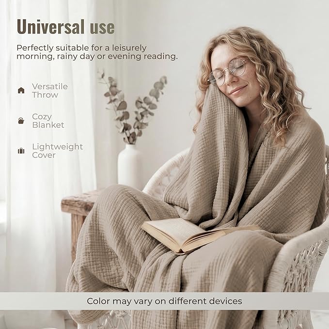 4-Layer Muslin Cotton King Bed Blanket (108 x 90 inches) – Ultra Soft, Breathable & Lightweight All-Season Gauze Blanket, Cozy Comfort, Machine Washable – Tan