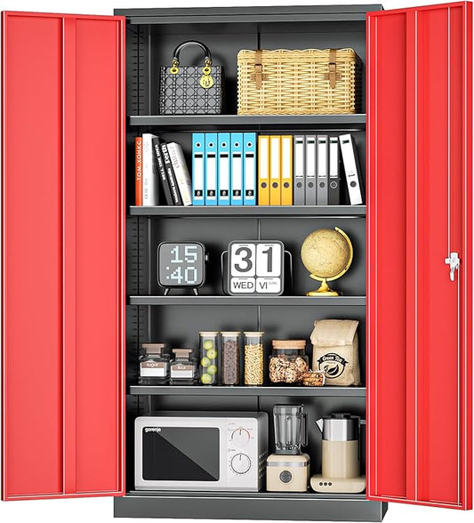 INTERGREAT Metal Storage Cabinet with Doors, 72" Locking Steel Storage Cabinet with Shelves, Tall Metal Cabinet Lockable Steel Cabinets for Home Office, Garage,(Black+Red)