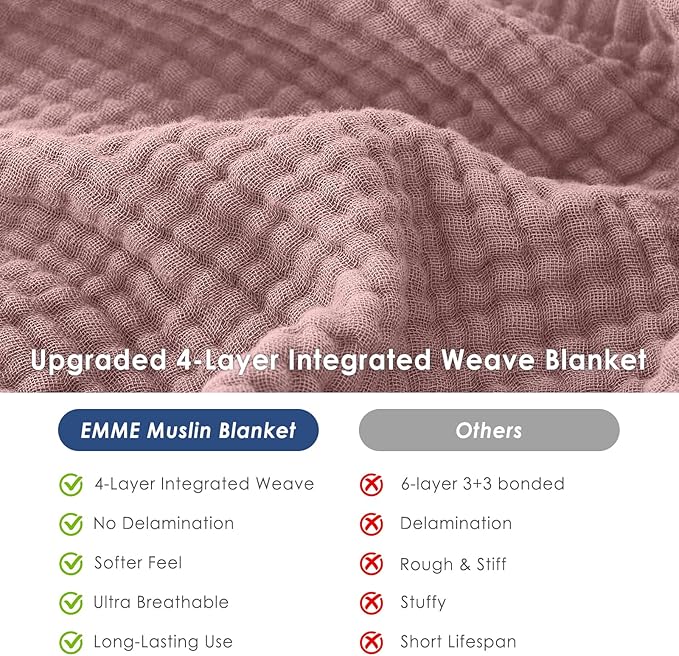 EMME Cotton Blanket Twin XL for Bed Soft Muslin Blankets Lightweight Breathable Layering Bedspread Coverlet All Season Gauze (Dusty Pink, 66"x90")