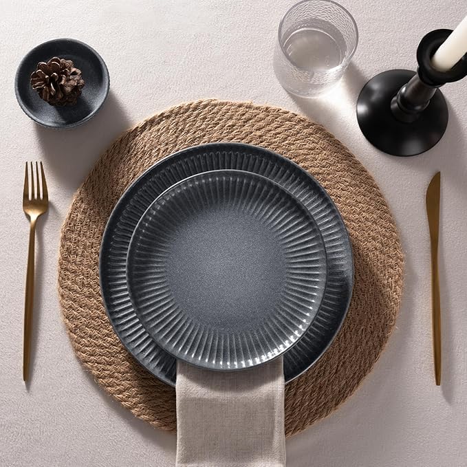 Famiware Starlight 12-Piece Plates and Bowls Sets for 4, Stoneware Dinnerware with Ribbed Textured, Handcrafted Reactive Glaze Dishes - Dishwasher & Microwave Safe, Chip/Scratch Resistant, Matte Grey