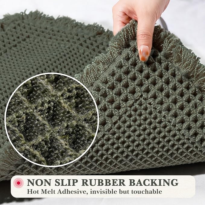 Waffle Bathroom Runner Rugs, Modern Woven Absorbent Non Slip Bath Rugs, Machine Washable Bath Mat Runner, Quick-Drying Bathroom Mat, Boho Tassel Style Suitable for Bathroom Floor, Green, 72"X24"