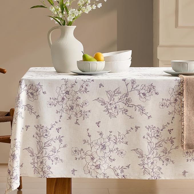 Linen Floral Rectangle Tablecloth Farmhouse Vintage French Rustic Tablecloths Purple Flowers Pattern Burlap Textured Outdoor Table Cover for Picnic,Dining,Party,Home Decor 55x120 Inch